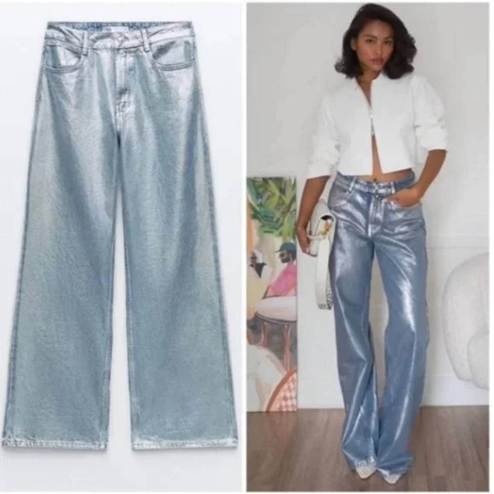 Zara Women's High Waisted Silver Foil Jeans Size 0
